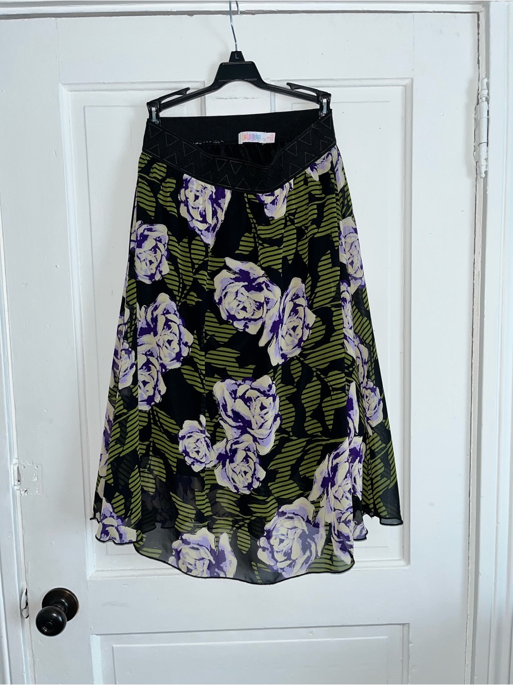 LuLaRoe Black A-Line Skirt with Purple Floral Print